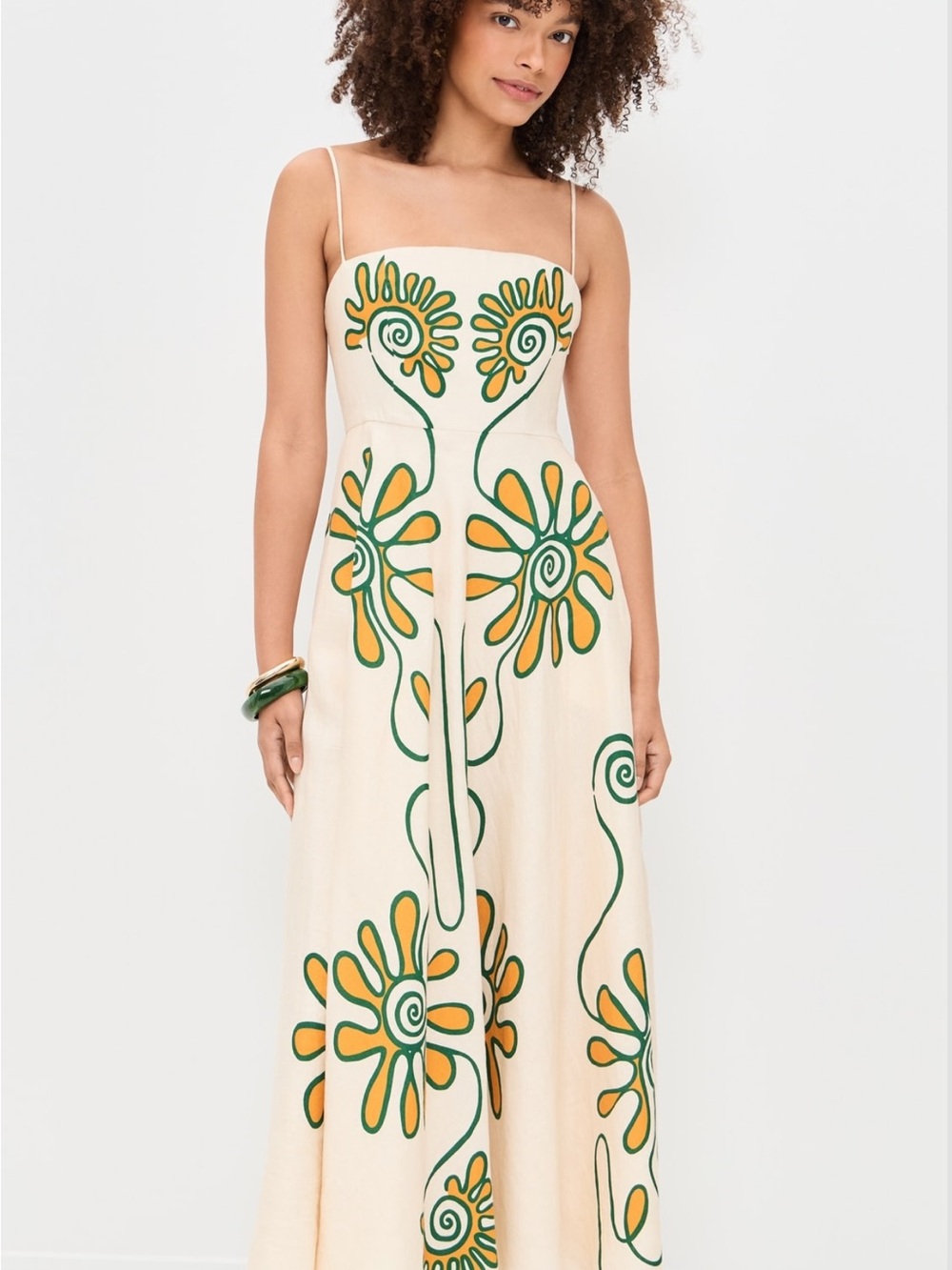 Cream Floral-Print Maxi Dress with Green & Yellow Accents